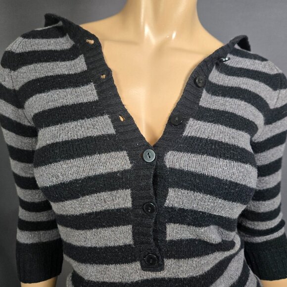 Y2K Striped Hooded Skinny Sweater Size S Emo Grunge Gray Black Long Henley - Picture 2 of 9